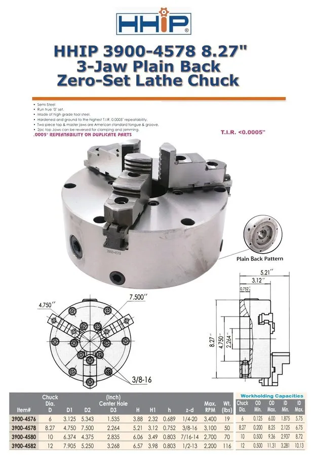 Режущий инструмент 8.27" 3 JAW PLAIN BACK ZERO-SET LATHE CHUCK (3900-4578) — фото лота 2