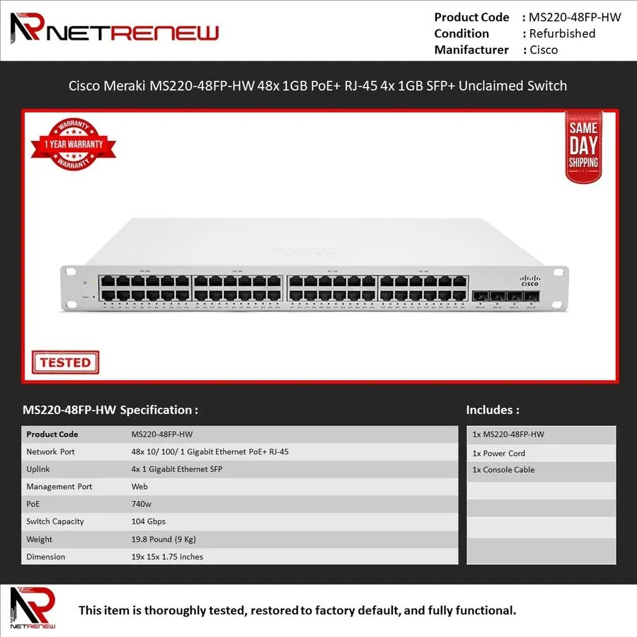 Коммутатор Cisco Meraki MS220-48FP-HW L2 48 Port Gigabit 740W PoE Switch *UNCLAI