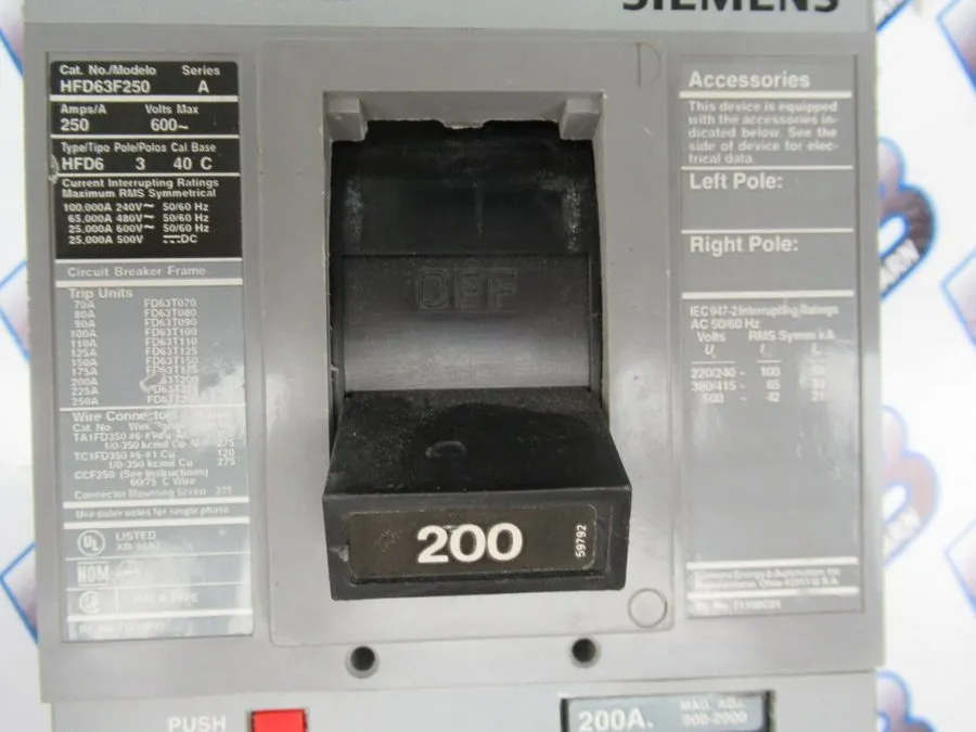 Автоматический выключатель Siemens HFD63B200 HFD63F250 200A 3-Pole 600V Sentron  — фото лота 2