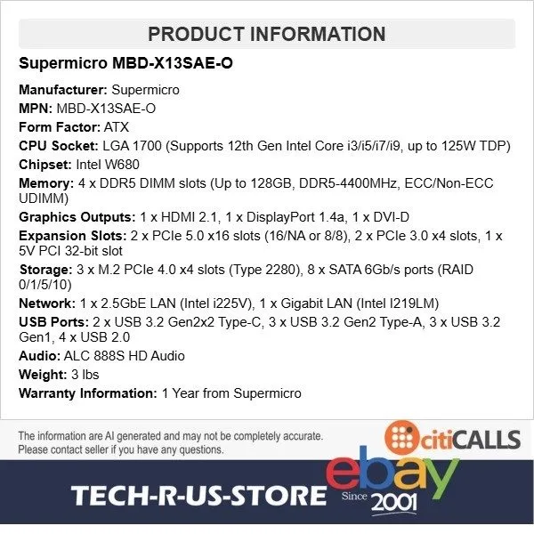 Материнская плата SUPERMICRO MBD-X13SAE-O ATX Server Motherboard LGA 1700 Intel 