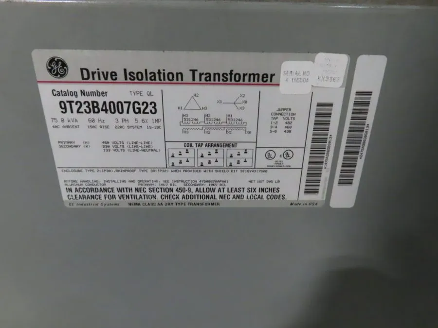 Трансформатор GE 9T23B4007G23 Drive Isolation Transformer 75KVA 460X230/133V 3 P — фото лота 1