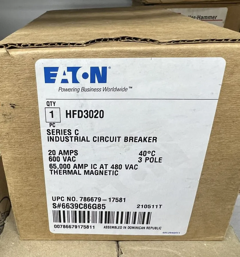 Автоматический выключатель EATON HFD3020 3 pole 20 amp 600 VAC 65kA@480v Type HF