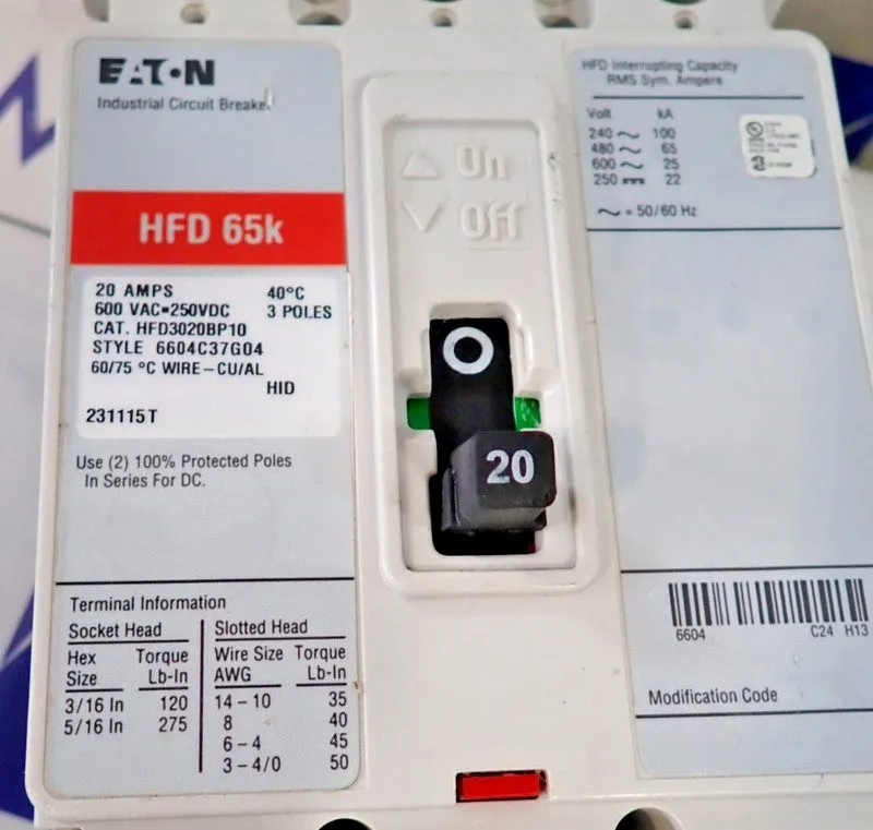 Автоматический выключатель EATON HFD3020 3 pole 20 amp 600 VAC 65kA@480v Type HF