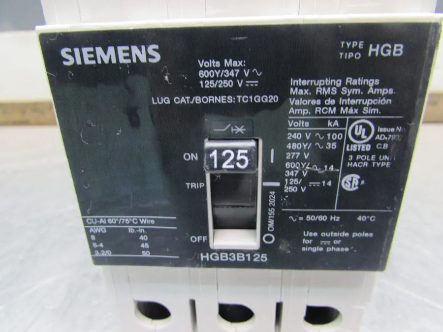 Автоматический выключатель SIEMENS HGB HGB3B125 3 POLE 125 AMP 480V 35KA CIRCUIT
