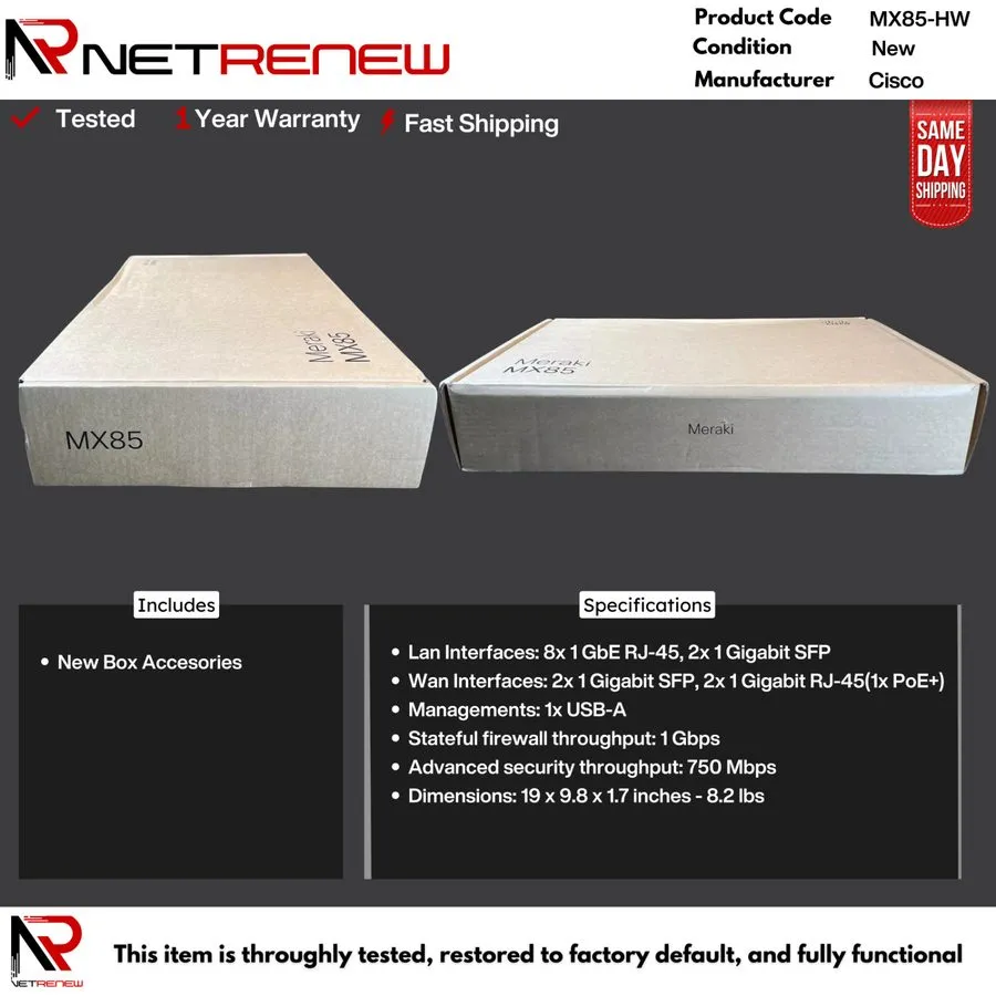 Маршрутизатор Cisco Meraki MX85-HW MX85 Router/Security Appliance, UNCLAIMED
