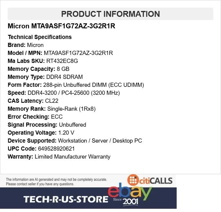 Модуль памяти Micron MTA9ASF1G72AZ-3G2R1R 8GB DDR4 3200MHz PC4-25600 CL22 ECC DI — фото лота 1