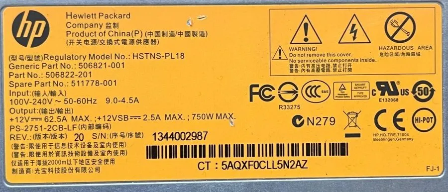 Блок питания HP ProLiant DL380 G7 Server HSTNS-PL18 750W Power Supply- 511778-00