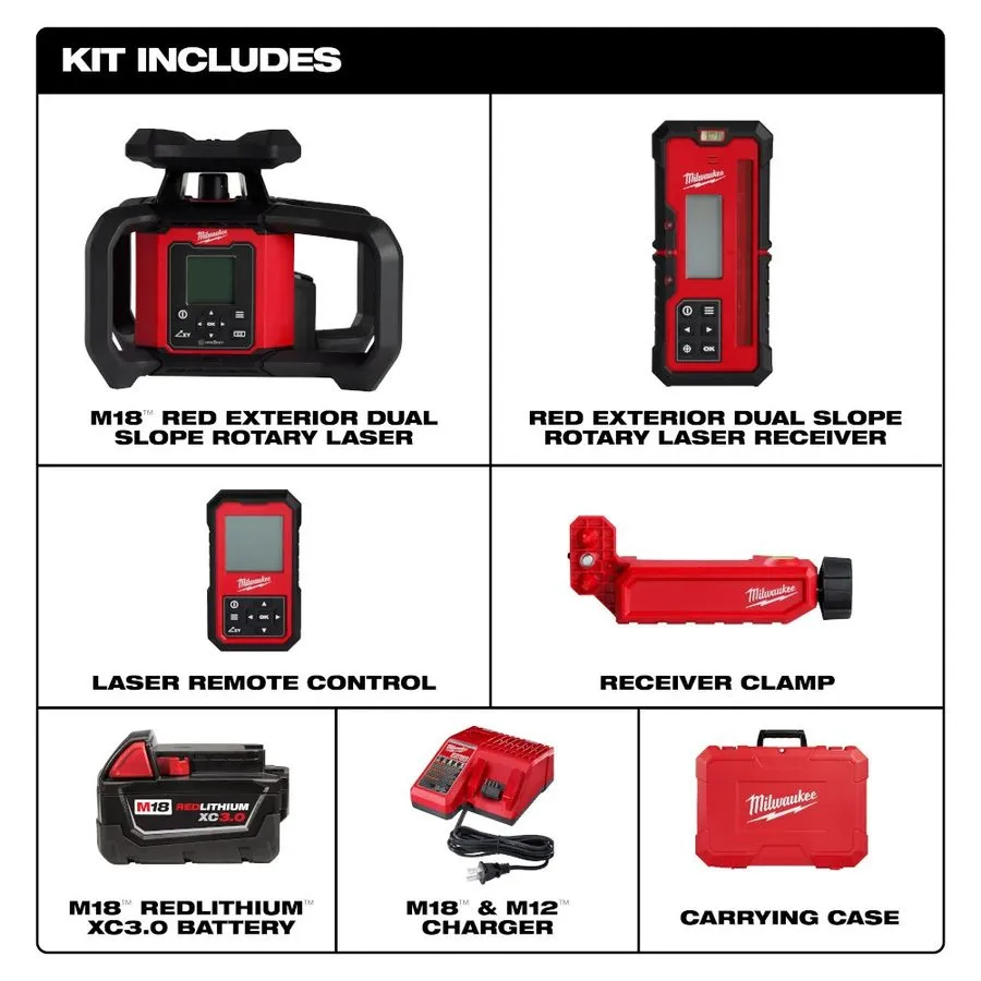 Нивелир Milwaukee Tool 3704-21 M18 Red Exterior Dual Slope Rotary Laser Level Ki — фото лота 2