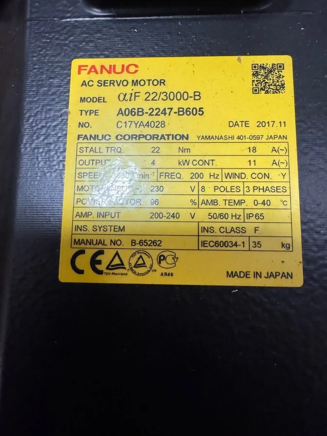 Серводвигатель FANUC AC SERVO MOTOR A06B-2247-B605 aiF 22/3000-B YEAR 2017