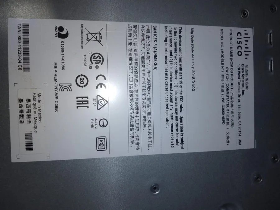 Коммутатор Cisco Catalyst 3650 48 Port Gigabit Switch PoE+ 1550W 2x10G WS-C3650-