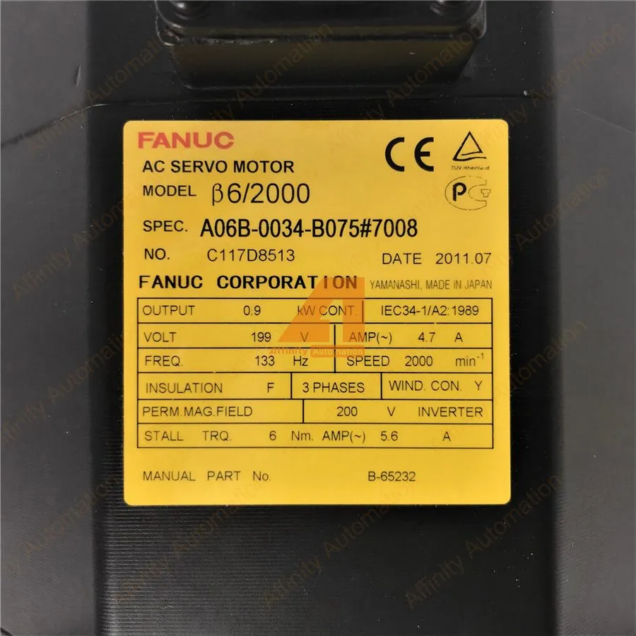 Серводвигатель FANUC A06B-0034-B075 AC Servo Motor 199V 4.7A 133Hz 0.9KW