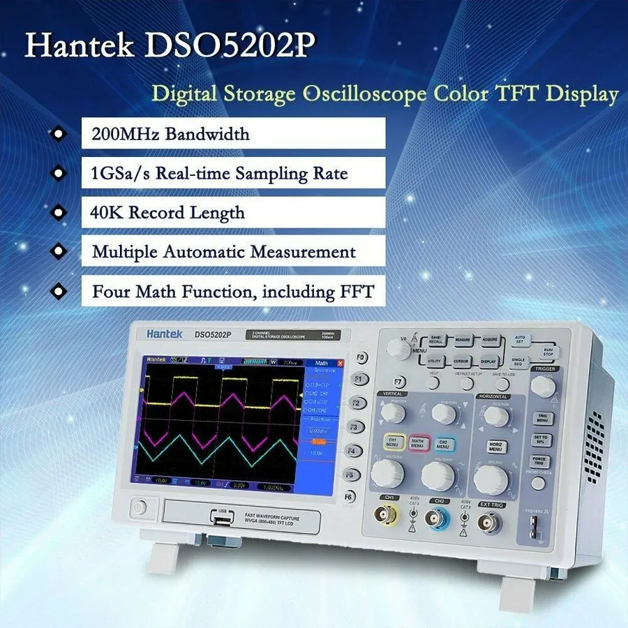 Осциллограф Hantek DSO5202P Digital Oscilloscope 200MHz 2Channels 1GSa/s 7'' TFT