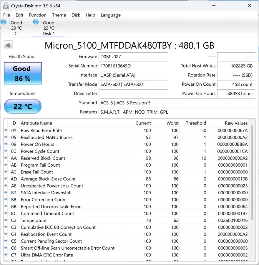 SSD-накопитель Micron 5100 ECO 480GB 2.5" SATA SSD SOLID STATE MTFDDAK480TBY 94%