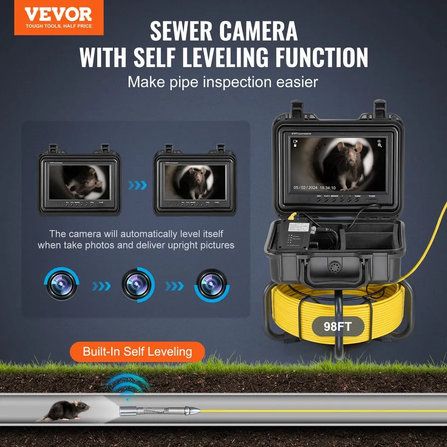 Камера для телеинспекции труб VEVOR 9" Sewer Camera 98 ft/30m Self-Leveling Pipe — фото лота 1