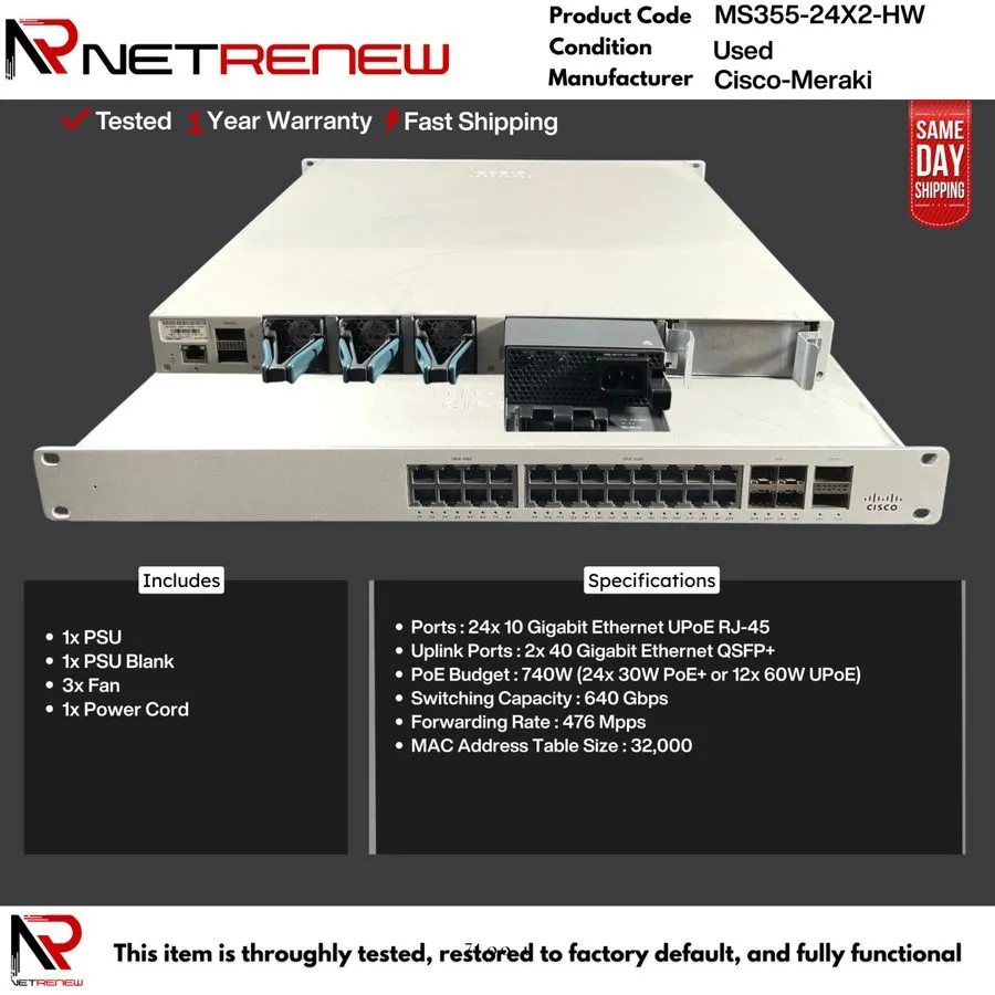 Коммутатор Cisco Meraki MS355-24X2-HW 10G Multi-Gigabit UPoE Switch UNCLAIMED 1x
