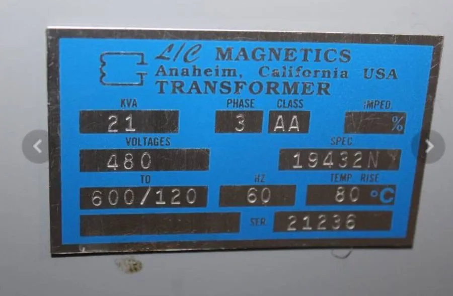 Трансформатор L/C Magnetics 480 V THREE PHASE ISOLATION TRANSFORMER 21 KVA 60 HZ — фото лота 1
