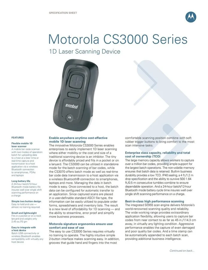 Сканер штрих-кода Motorola Symbol CS3000-SR10007WW Wireless Handheld 1D Laser Ba