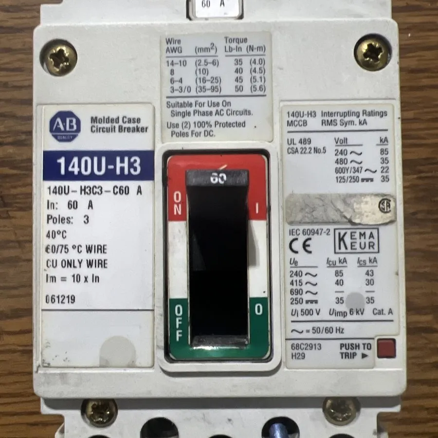 Автоматический выключатель Allen Bradley 140U-H3C3-C60 Circuit Breaker, 60 A, 3  — фото лота 1