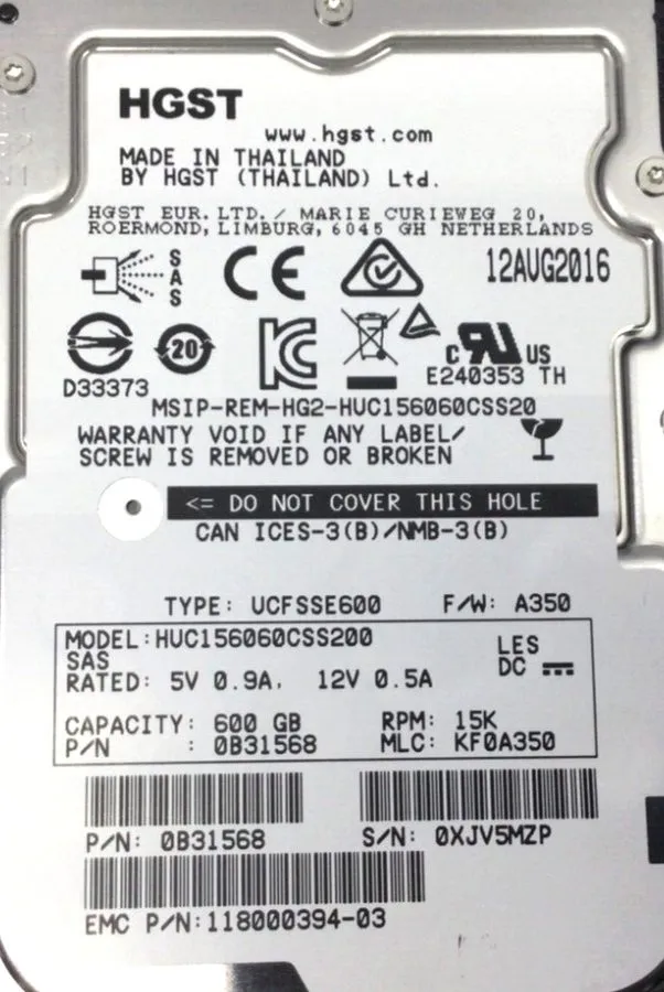 Жёсткий диск 005050935 EMC 600GB 15K SAS 2.5" HDD 0B31568 HGST HUC156060CSS200 — фото лота 1