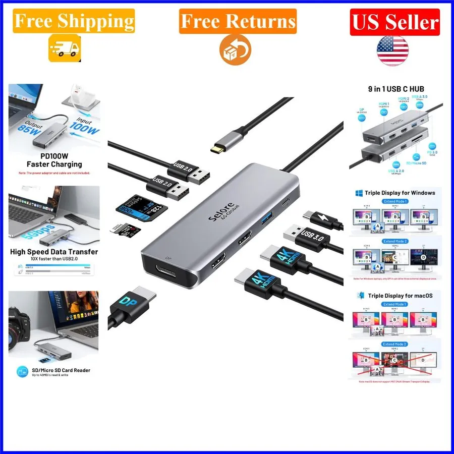 Док-станция 9-in-1 USB C Docking Station with Dual HDMI, 4K@60Hz, 100W PD Compat