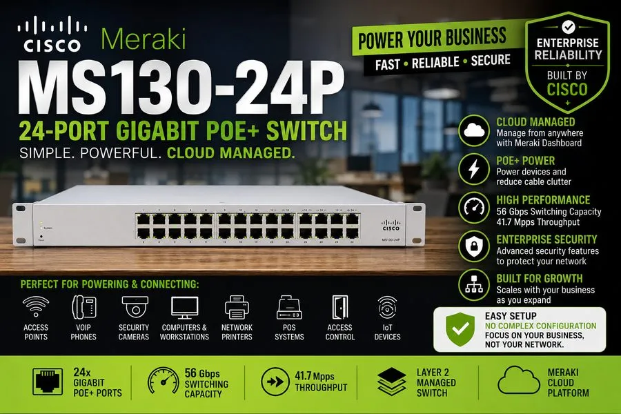 Коммутатор Cisco Meraki MS130-24P-HW CLOUD MANAGED 24GE 370W POE SWITCH