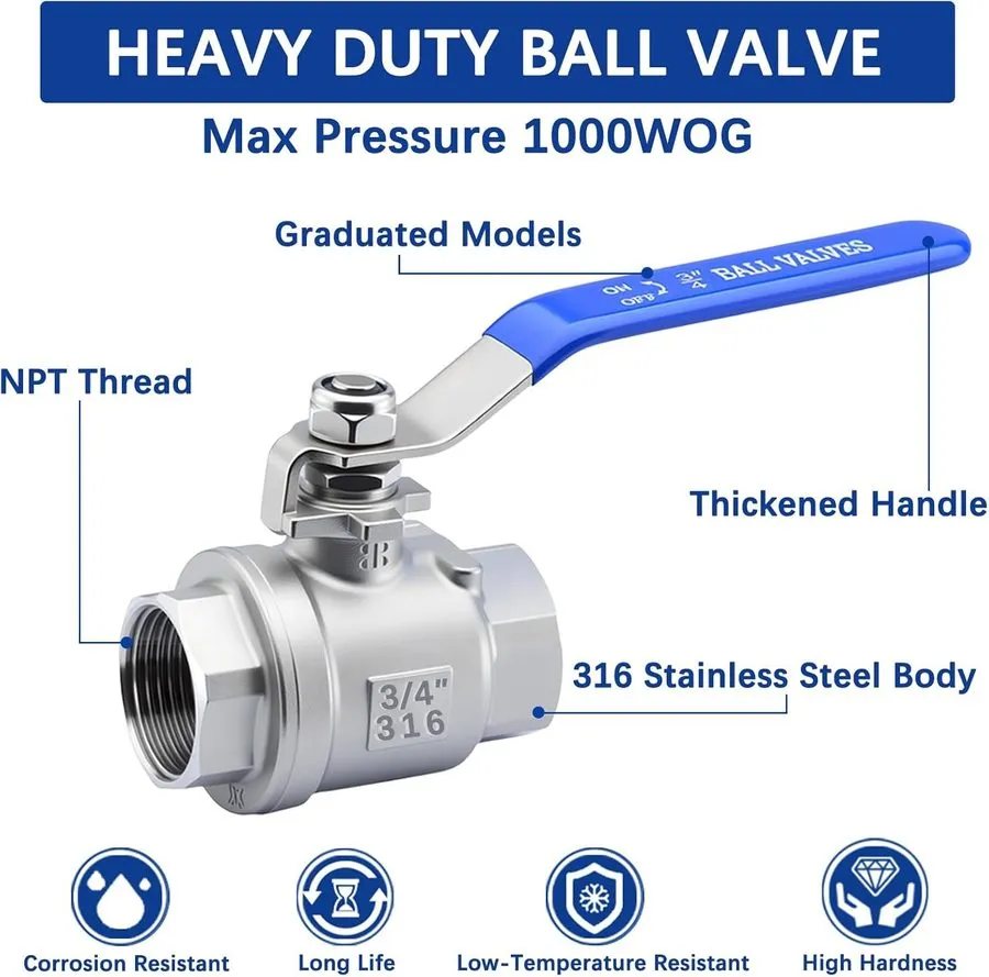 Клапан Full Port Ball Valve 3/4 NPT 304 Stainless Steel WOG1000 Heavy Duty