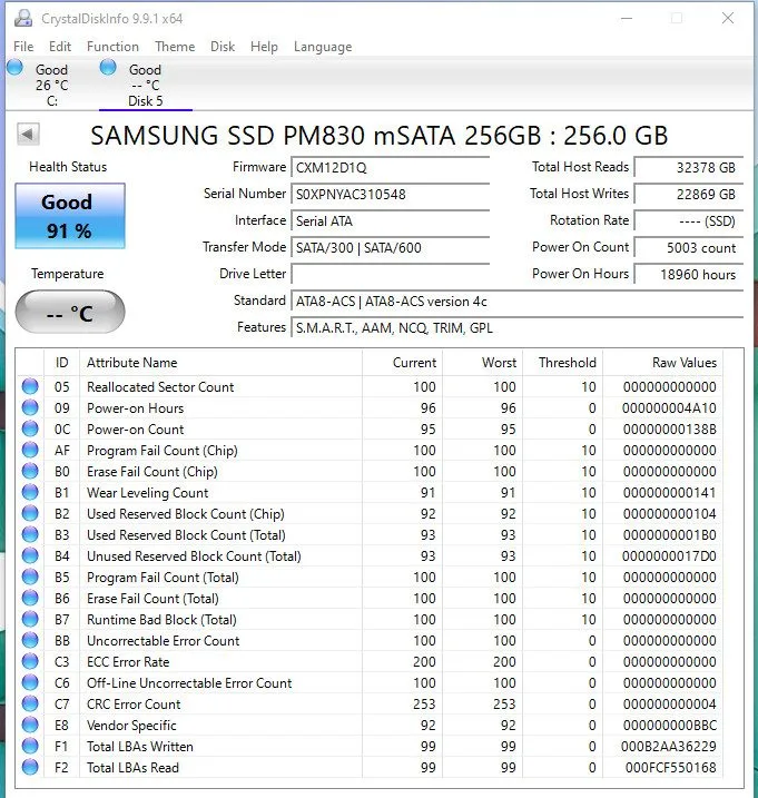 SSD-накопитель Samsung PM830 256GB mSATA SSD MZ-MPC256D SATA III 93% Health Wipe — фото лота 1
