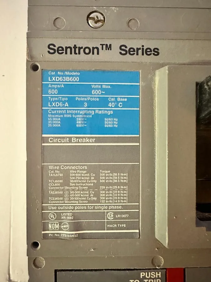 Автоматический выключатель Siemens Sentron LXD63B600 Main Breaker 600A 3-Pole 60