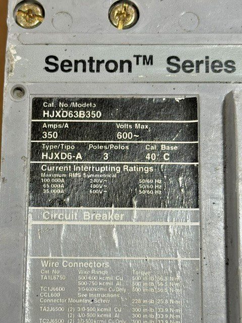Автоматический выключатель Siemens HJXD63B350 3-Phase 350Amp 600V Sentron Series — фото лота 1