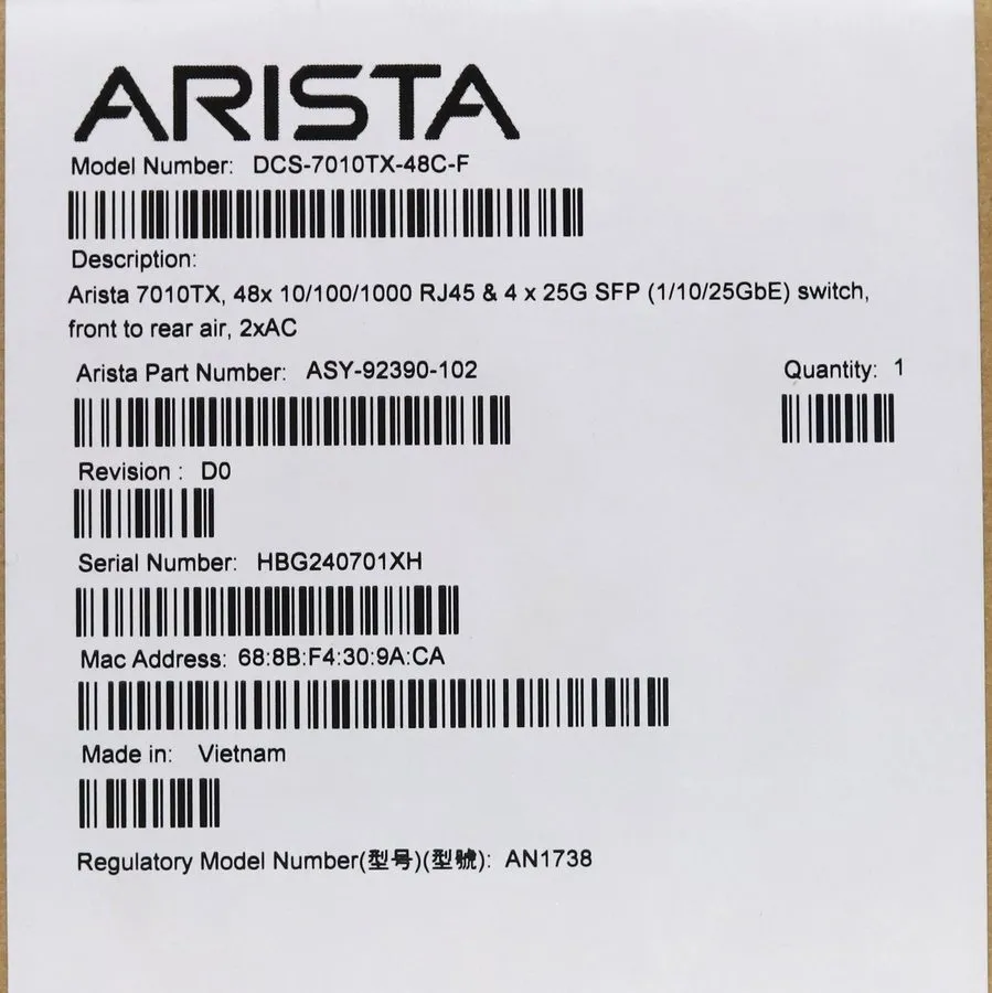 Коммутатор Arista 7010TX 48-Port Gigabit 4x25GbE SFP Network Switch P/N: DCS-701