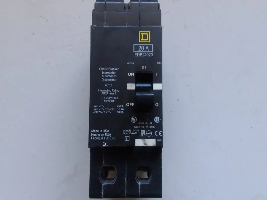 Автоматический выключатель SQUARE D EDB24020 EDB 20 AMP 2P 480V BOLT ON CIRCUIT