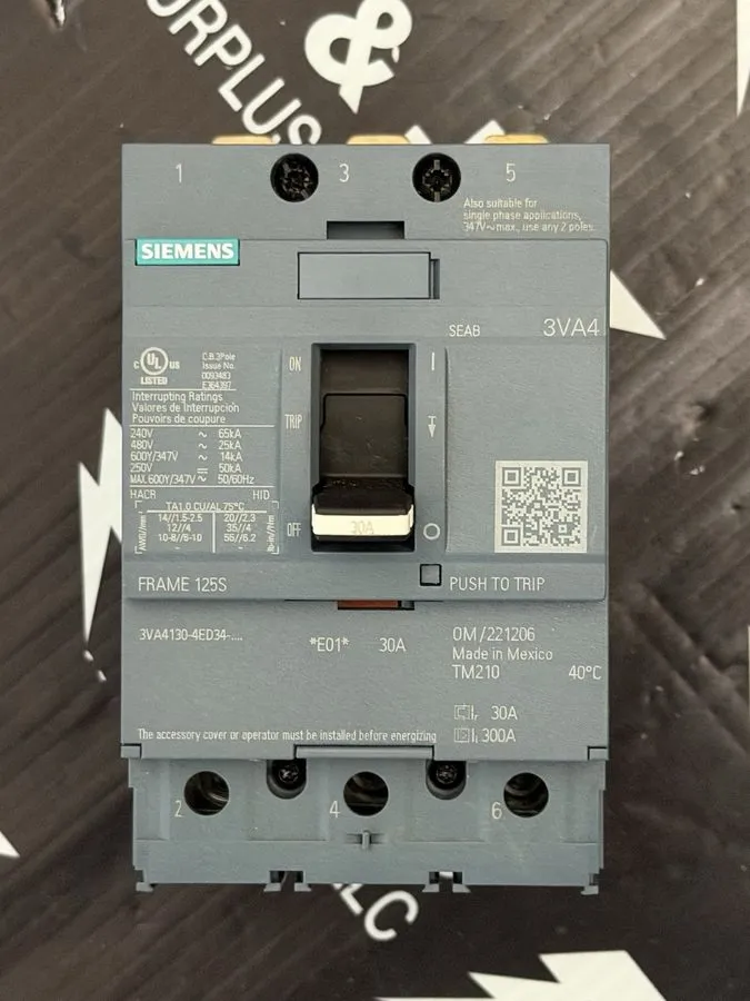 Автоматический выключатель Siemens 3VA4130-4ED34-0AA0 3 Pole 30 Amp 600 Volt 25k