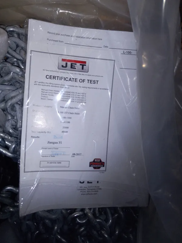 Таль JET TOOLS L-100-1500-10 101111 Manual Chain Hoist, 15 Ton, 10' Lift — фото лота 2