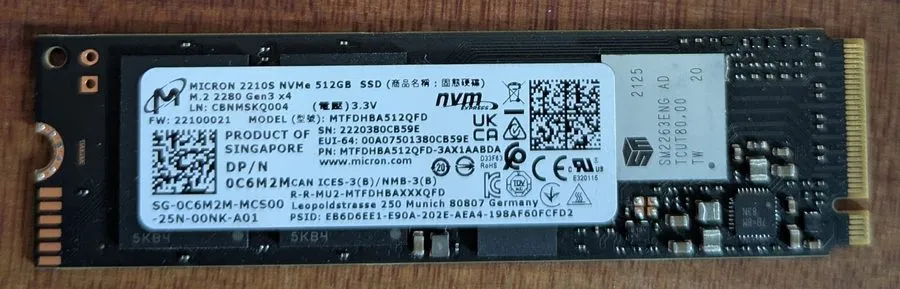 SSD-накопитель Micron 2210 512GB MTFDHBA512QFD NVMe M.2 SSD's (71%-75% Health)