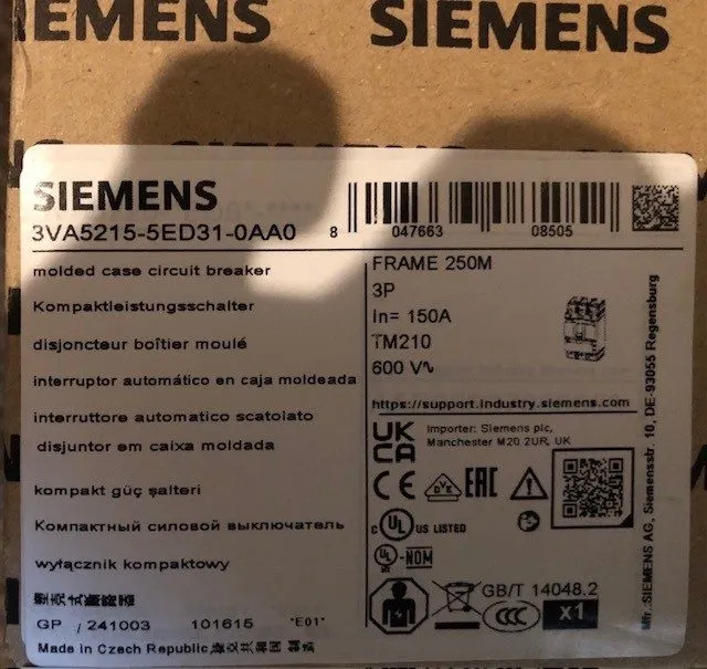 Автоматический выключатель SIEMENS 3VA5215-5ED31-0AA0 2-Pole 150A 600V Circuit B