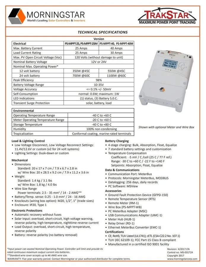 Аккумулятор Morningstar PS-MPPT-40M ProStar MPPT 40A Solar Charge Controller wit