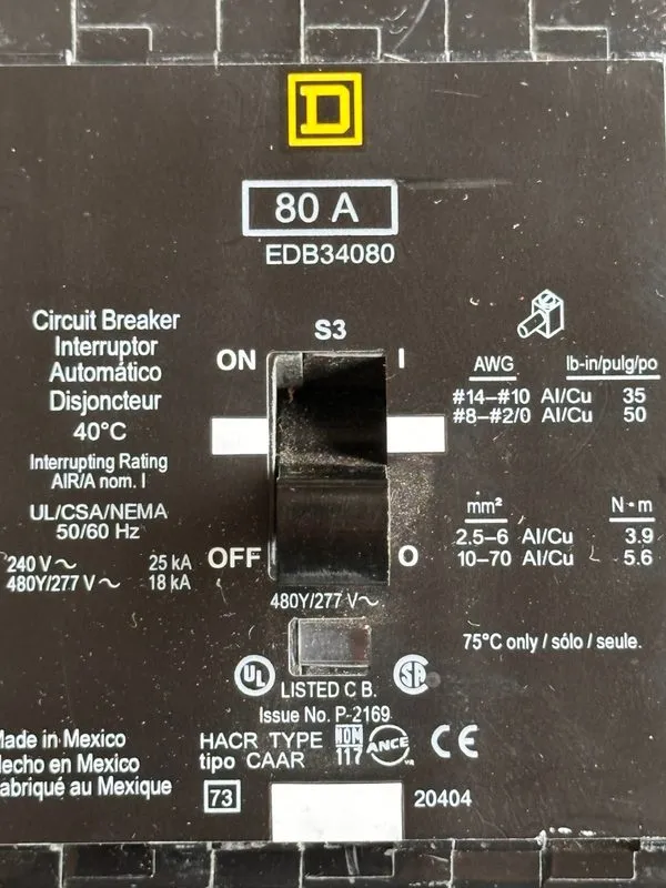 Автоматический выключатель Square D EDB34080 N 80A 480V 3 Poles Miniature Circui — фото лота 2