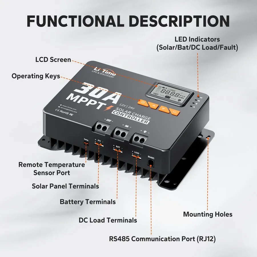 Аккумулятор 30 Amp MPPT 12V/24V/Auto DC Input Solar Charge Controller 99% MPPT T