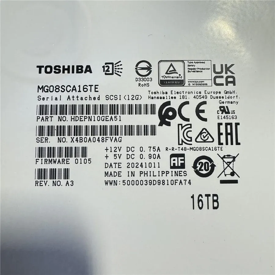 Жёсткий диск Toshiba MG08 16TB 7200RPM SAS 12Gb/s 512MB 512e 3.5in HDD MG08SCA16