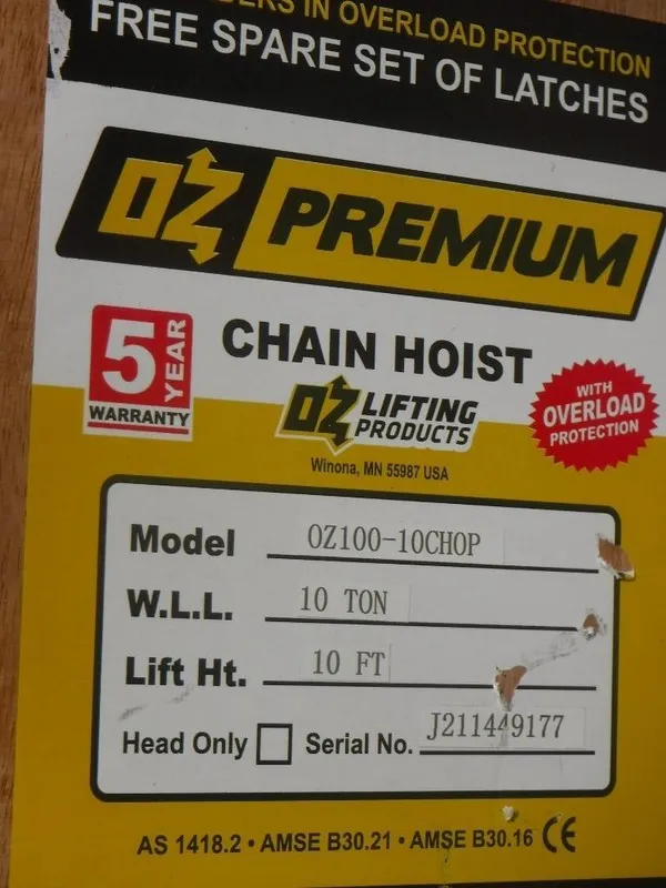Таль OZ Lifting Products Chain Hoist Load 10 Ton 20000 lb 10 ft Lift OZ100-10CHO