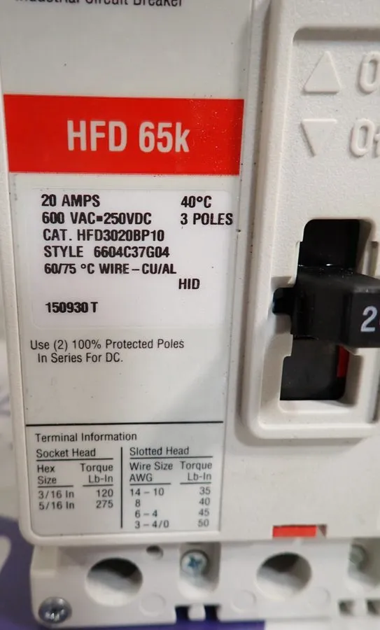 Автоматический выключатель EATON HFD3020 3 pole 20 amp 600 VAC 65kA@480v Type HF