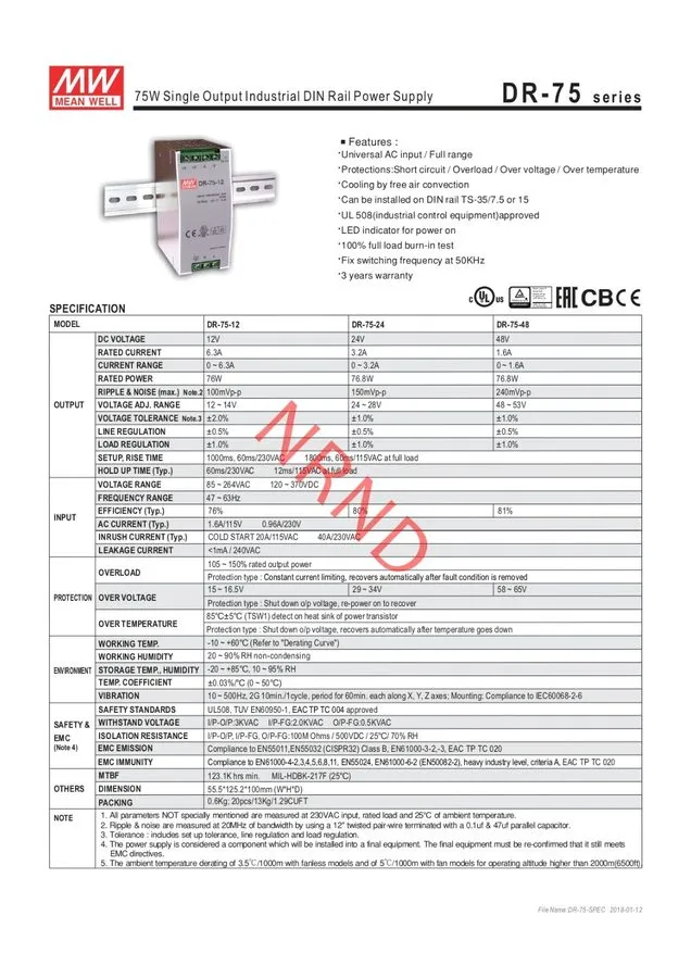 Блок питания MEAN WELL DR-75-12 75W DIN Rail Power Supply 12V 6.3A 100-240VAC — фото лота 2