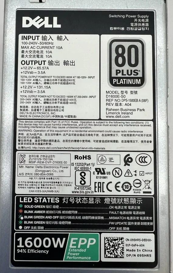 Блок питания Dell 95HR5 Poweredge C4130 1600W EPP 80 Plus Platinum Power Supply