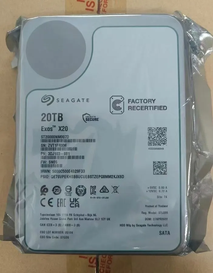 Жёсткий диск Seagate Exos X20 20TB Enterprise HDD 7200 RPM SATA 6Gb/s 3.5" ST200