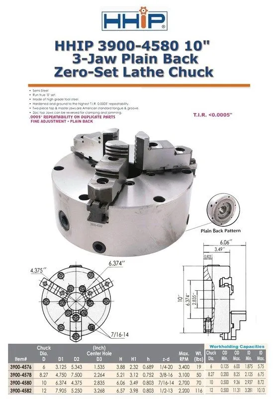 Режущий инструмент 10" 3 JAW PLAIN BACK ZERO-SET LATHE CHUCK (3900-4580) — фото лота 2