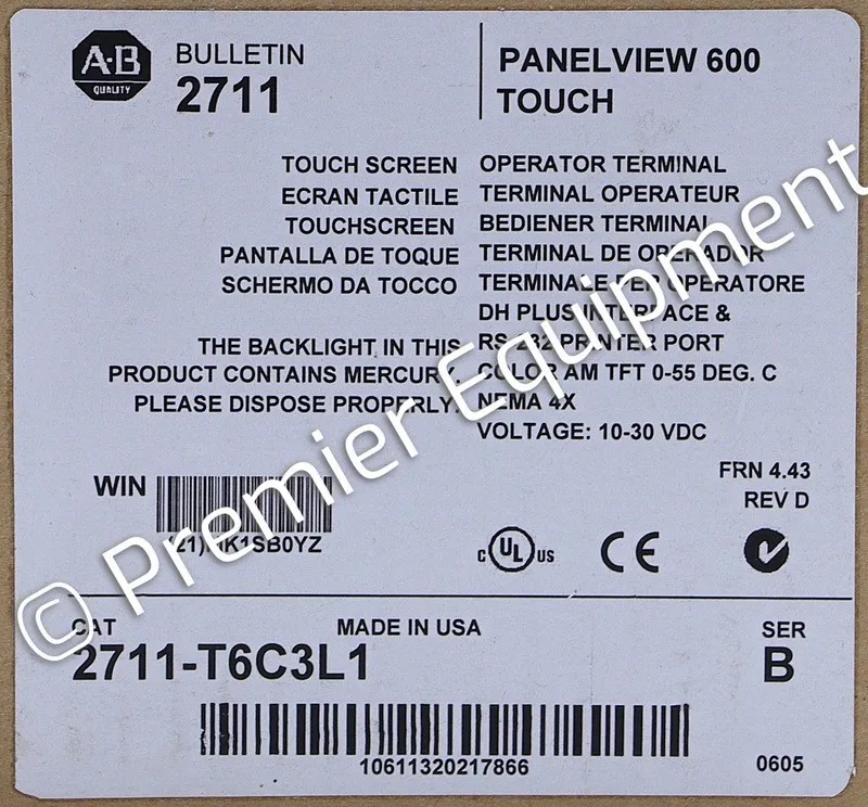 Панель оператора ALLEN BRADLEY 2711-T6C3L1 SER B FRN 4.43 PANELVIEW 600 OPERATOR