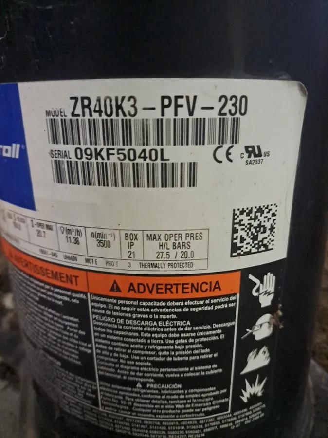 Компрессор ZR40K3-PFV-230 / 3 1/2 Ton copeland scroll R22 compressor (S18PR1T2)