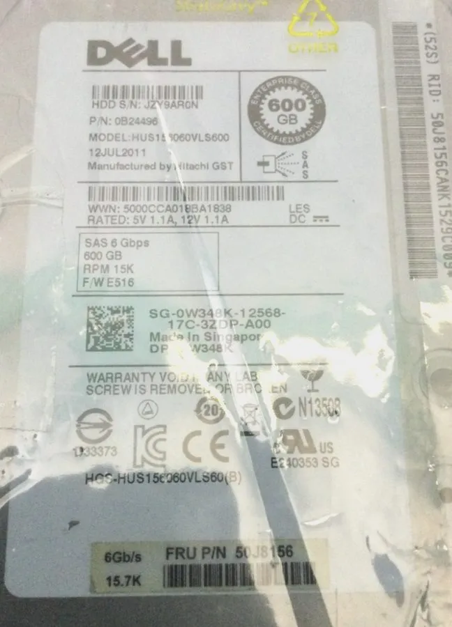 Жёсткий диск DELL 0W348K W348K 0B24496 HUS156060VLS600 FW E516 600GB 15K 3.5" SA — фото лота 2