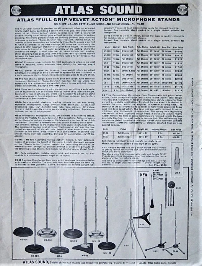 Микрофон Vintage 1950's Atlas MS-12C microphone floor stand MS-10C MS-11C Shure 