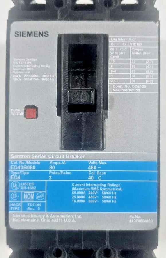 Автоматический выключатель Siemens Sentron ED43B080 Circuit Breaker 80A 3-Pole 4